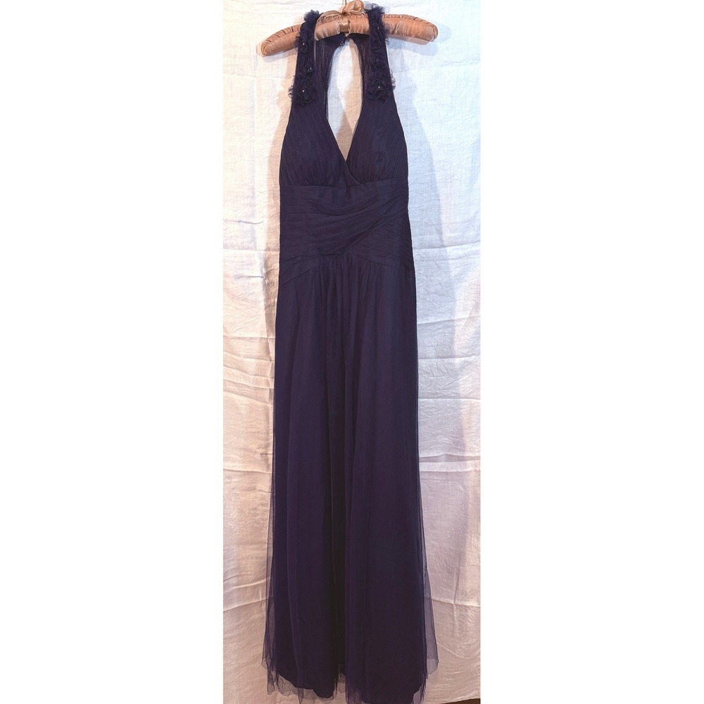 Alfred Angelo Navy Blue Mesh Halter Gown Floral Applique Formal Dress
